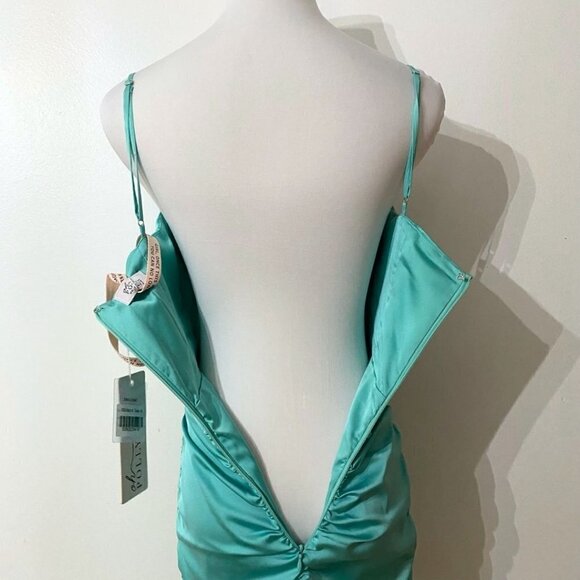 OH POLLY AQUA SATIN BUSTIER CINCHED MINI COCKTAIL DRESS 5723 BATCH A IN GREEN - Picture 5 of 9